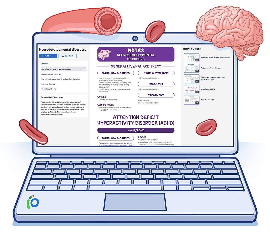Osmosis high-yield notes on a laptop displaying neurodevelopmental disorders including ADHD pathology, causes, diagnosis, and treatment, with related video thumbnails for autism spectrum and Tourette syndrome.