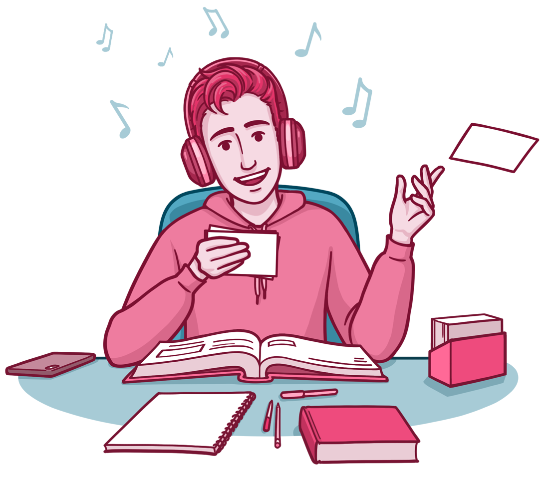Student studying with flashcards and headphones at a desk surrounded by textbooks and notebooks, illustrating the testing effect as an evidence-based active recall study strategy for exam prep.