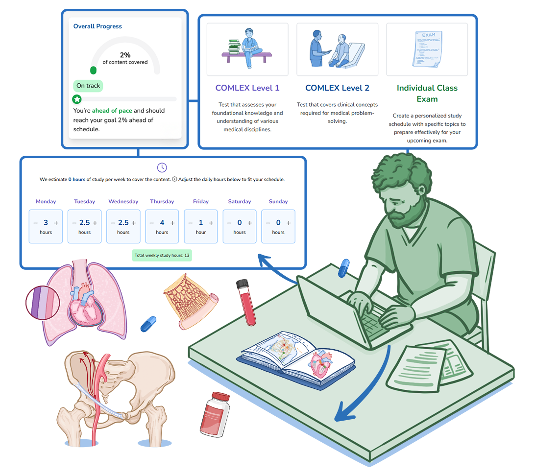 Illustration of a healthcare student studying for COMLEX examinations using a personalized study plan on a laptop. The graphic includes progress tracking, a weekly study schedule, exam preparation options for COMLEX Level 1 and Level 2, and medical learning materials such as anatomy diagrams, pathology images, medications, and laboratory specimens. The scene emphasizes structured study planning, self-directed learning, and osteopathic medical board exam preparation.