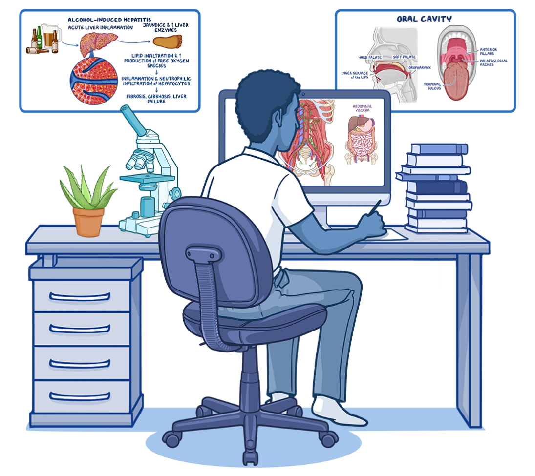 Illustration of a healthcare student studying at a desk with a computer, books, and a microscope. The computer displays anatomical diagrams, while educational panels above show topics including alcohol-induced hepatitis and oral cavity anatomy. The scene represents focused exam preparation, medical education, and independent study for healthcare certification or licensure exams.