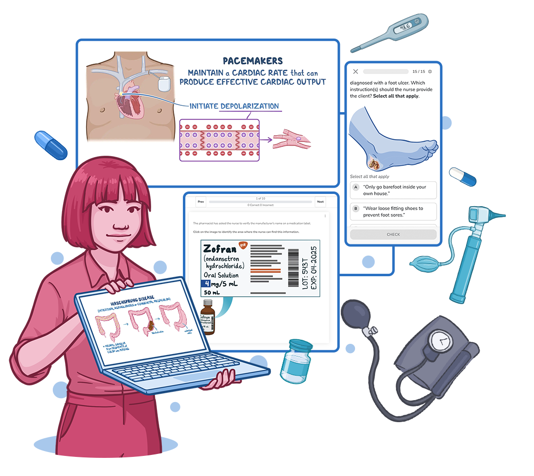 Illustration of a healthcare learner or nursing professional holding a laptop displaying an anatomy diagram. Surrounding them are educational modules and clinical topics, including pacemaker function, medication-label interpretation, and diabetic foot care, along with medical equipment such as a thermometer, otoscope, blood pressure cuff, medication vials, and capsules. The image represents practical nursing education, clinical skills training, and healthcare knowledge development.