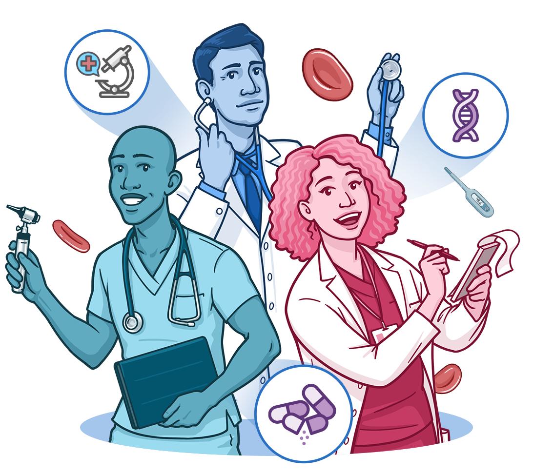 Illustration of three healthcare professionals representing different areas of medicine. One clinician in scrubs holds an otoscope and tablet, another in a white coat listens with a stethoscope, and a third holds a clipboard. Surrounding them are medical symbols including red blood cells, a DNA strand, a thermometer, capsules, and healthcare icons, representing clinical care, diagnostics, research, and medical science.